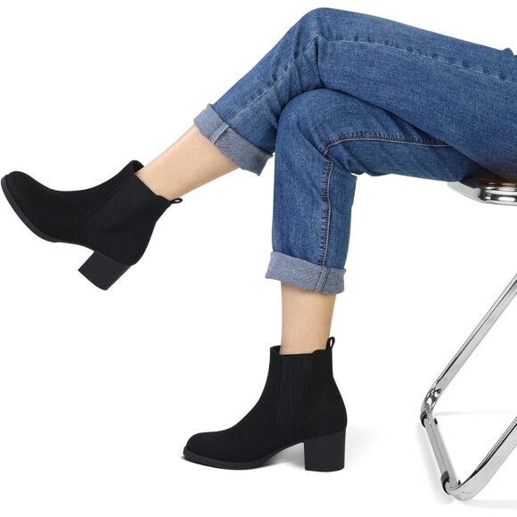 Women's Black Suede Chelsea Boots Chunky Block Heel Slip On Ankle Boots Elastic - Picture 5 of 8